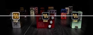 Several distortion effects pedals with Dirt icons superimposed