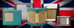 Collection of vintage British Amps superimposed in front of United Kingdom flag